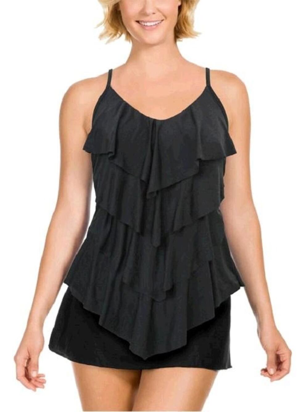NEW Kirkland Signature by Miraclesuit Tankini Top Size 10 Black Ruffle Swimsuit